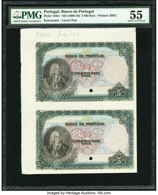 Portugal Banco de Portugal 5 Mil Reis ND (1906-10) Pick 104r1 Uncut Pair Of Rema...