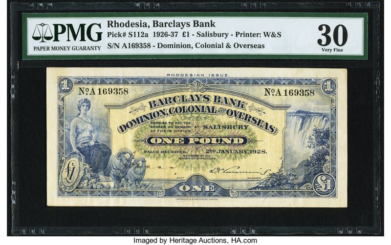 Rhodesia Barclays Bank 1 Pound 2.1.1928 Pick S112a PMG Very Fine 30. An elusive ...