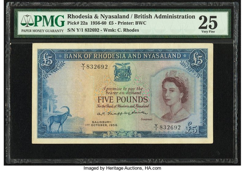 Rhodesia and Nyasaland Bank of Rhodesia and Nyasaland 5 Pounds 1.10.1956 Pick 22...