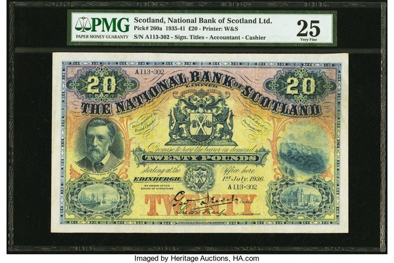 Scotland National Bank of Scotland Limited 20 Pounds 1.7.1936 Pick 260a PMG Very...