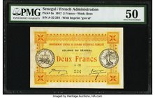 Senegal Gouvernment General de l'Afrique Occidentale Francaise 2 Francs 11.2.1917 Pick 3a PMG About Uncirculated 50. Bold yellow inks along with a det...