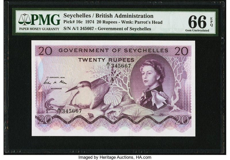 Seychelles Government of Seychelles 20 Rupees 1.1.1974 Pick 16c PMG Gem Uncircul...