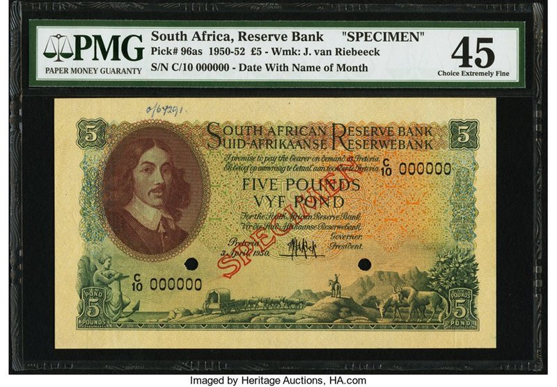 South Africa South African Reserve Bank 5 Pounds 3.4.1950 Pick 96as Specimen PMG...