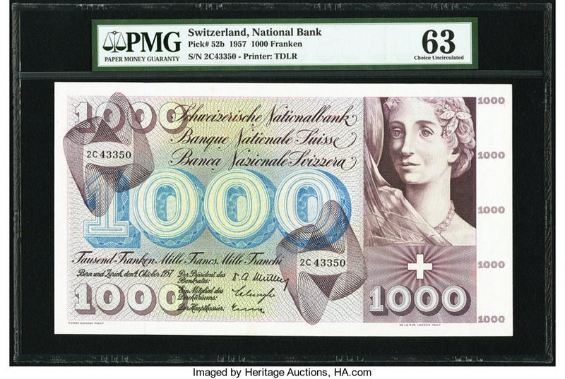 Switzerland National Bank 1000 Franken 4.10.1957 Pick 52b PMG Choice Uncirculate...