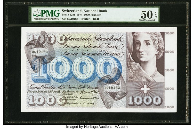 Switzerland National Bank 1000 Franken 1974 Pick 52m PMG About Uncirculated 50 E...