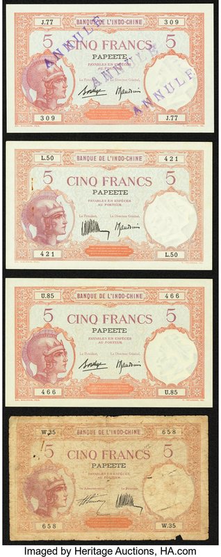 Tahiti Banque de l'Indochine 5 Francs ND (1927-38) Pick 5a; 5b; 5c (2) Very Good...