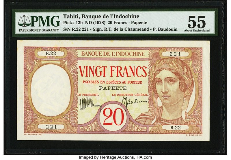 Tahiti Banque de l'Indochine 20 Francs ND (1928) Pick 12b PMG About Uncirculated...