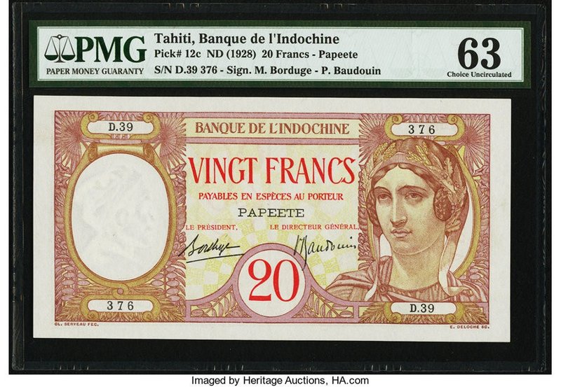 Tahiti Banque de l'Indochine 20 Francs ND (1928) Pick 12c PMG Choice Uncirculate...