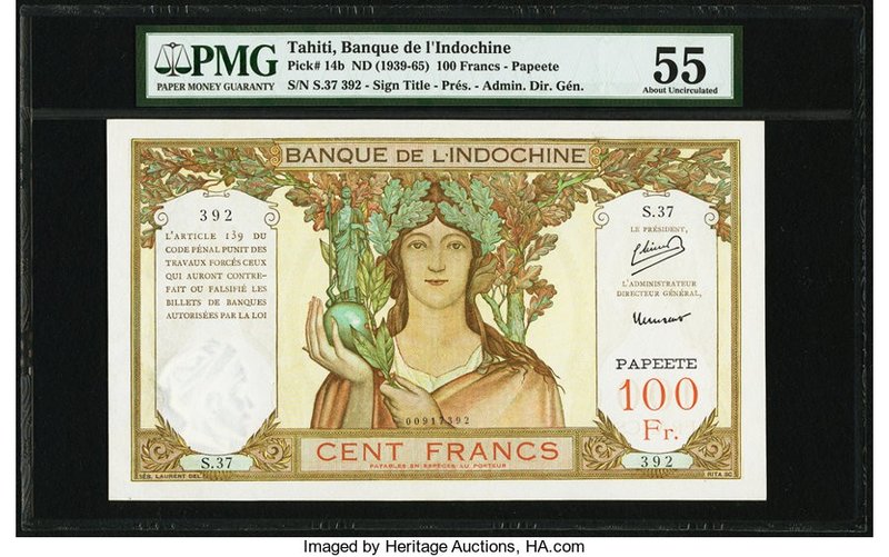 Tahiti Banque de l'Indochine 100 Francs ND (1939-1965) Pick 14b PMG About Uncirc...