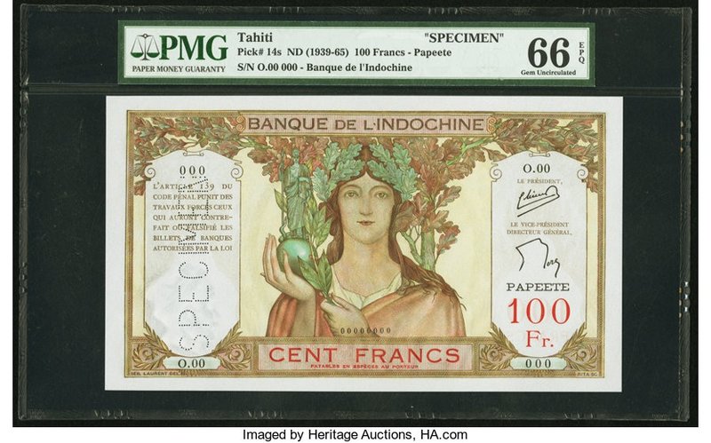 Tahiti Banque de l'Indochine 100 Francs ND (1939-65) Pick 14s Specimen PMG Gem U...
