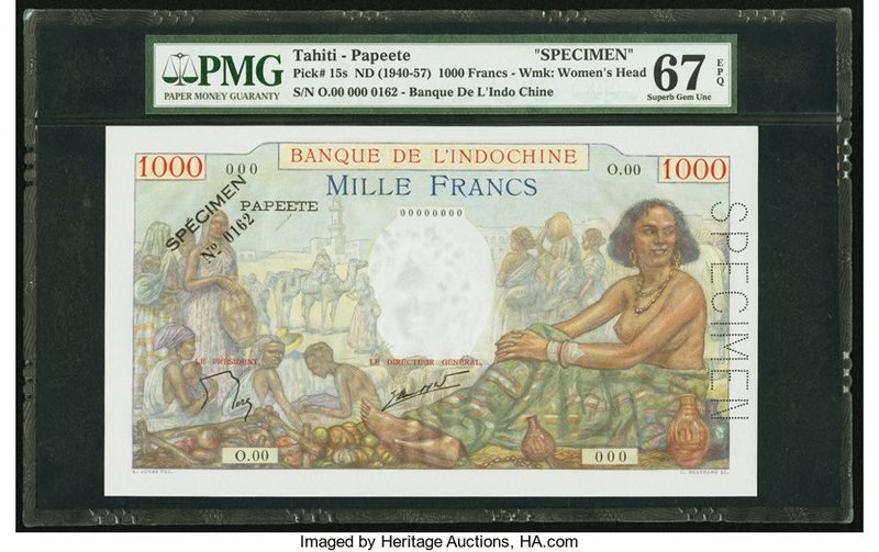 Tahiti Banque de l'Indochine 1000 Francs ND (1940-57) Pick 15s Specimen PMG Supe...