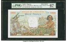 Tahiti Banque de l'Indochine 1000 Francs ND (1940-57) Pick 15s Specimen PMG Superb Gem Unc 67 EPQ. Vibrant colors and bold inks are seen on the superb...