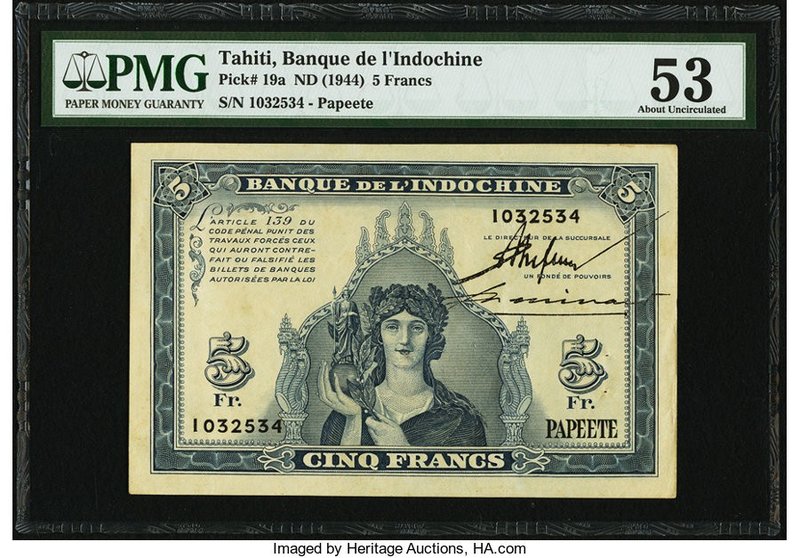 Tahiti Banque de l'Indochine 5 Francs ND (1944) Pick 19a PMG About Uncirculated ...