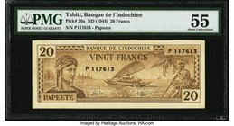Tahiti Banque de l'Indochine 20 Francs ND (1944) Pick 20a PMG About Uncirculated 55. A nicely margined note with a central design that is iconic for t...