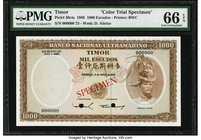Timor Banco Nacional Ultramarino 1000 Escudos 21.3.1968 Pick 30cts Color Trial Specimen PMG Gem Uncirculated 66 EPQ. A lovely Color Trial Specimen wit...