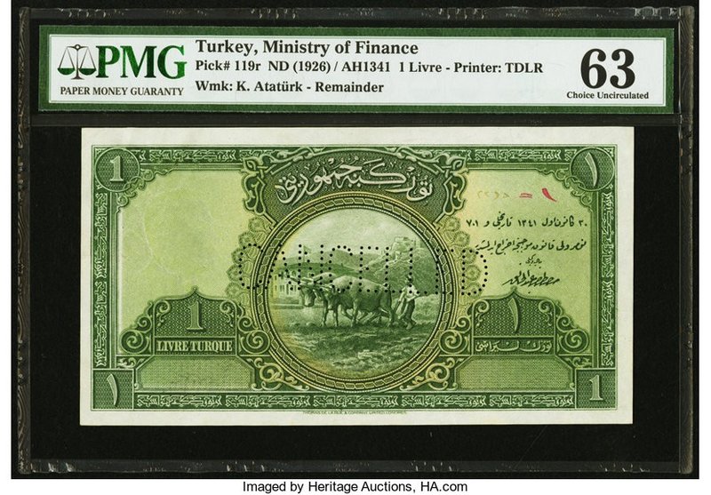 Turkey Ministry of Finance 1 Livre ND (1926) Pick 119r Remainder PMG Choice Unci...