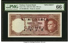 Turkey Central Bank of Turkey 500 Lira 1930 (ND 1962) Pick 178s Specimen PMG Gem Uncirculated 66 EPQ. A highest denomination Specimen featuring Mustaf...