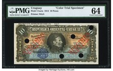 Uruguay Banco de la Republica Oriental 10 Pesos 1914 Pick 11a Color Trial Specimen PMG Choice Uncirculated 64. A Color Trial Specimen, cancelled with ...