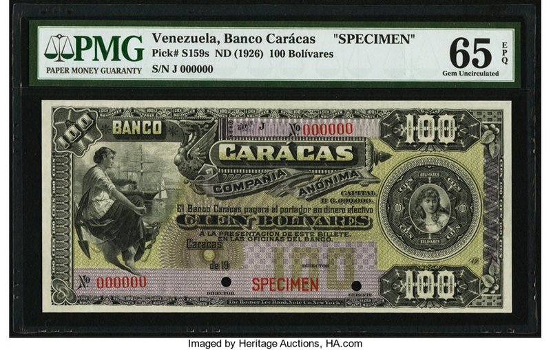 Venezuela Banco Caracas 100 Bolivares ND (1926) Pick S159s Specimen PMG Gem Unci...