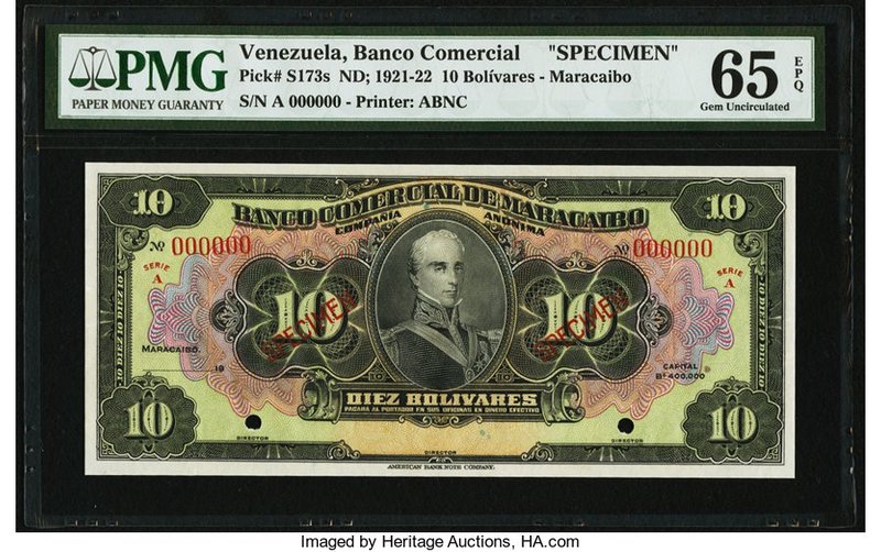 Venezuela Banco Comercial de Maracaibo 10 Bolivares ND (1921-22) Pick S173s Spec...