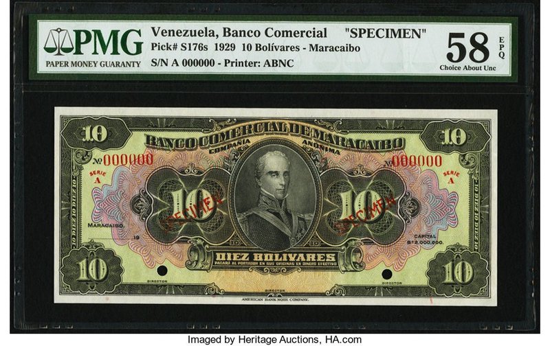 Venezuela Banco Comercial de Maracaibo 10 Bolivares 1929 Pick S176s Specimen PMG...