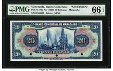 Venezuela Banco Comercial de Maracaibo 20 Bolivares ND (1929) Pick S177s Specimen PMG Gem Uncirculated 66 EPQ. A Specimen printed about the time of th...