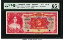Venezuela Banco Comercial de Maracaibo 100 Bolivares ND (1929) Pick S179s Specimen PMG Gem Uncirculated 66 EPQ. A gorgeous example which shares the fi...