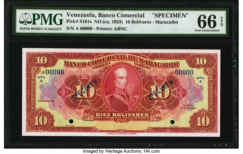 Venezuela Banco Comercial de Maracaibo 10 Bolivares ND (ca. 1933) Pick S181s Spe...