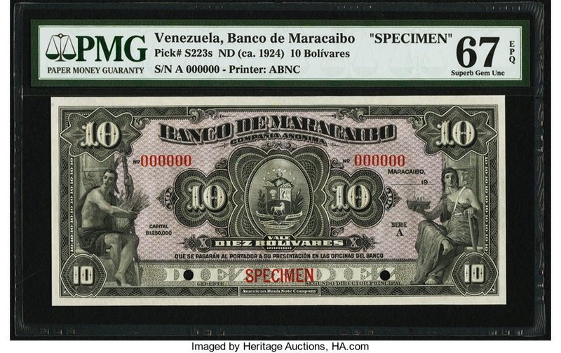 Venezuela Banco de Maracaibo 10 Bolivares ND (ca. 1924) Pick S223s Specimen PMG ...