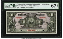 Venezuela Banco de Maracaibo 10 Bolivares ND (ca. 1924) Pick S223s Specimen PMG Superb Gem Unc 67 EPQ. This American Banknote Company printed Specimen...