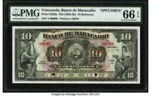 Venezuela Banco de Maracaibo 10 Bolívares ND (1925-35) Pick S226s Specimen PMG Gem Uncirculated 66 EPQ. An impressive Specimen for the Banco de Maraca...