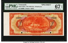 Venezuela Banco Mercantil y Agricola 10 Bolivares ND (1934-35) Pick S231s Specimen PMG Superb Gem Unc 67 EPQ. This gorgeous Specimen is the sole fines...
