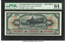 Venezuela Banco de Venezuela 20 Bolivares ND (ca. 1910) Pick S286s Specimen PMG Choice Uncirculated 64. Bold colors are seen on this American Banknote...