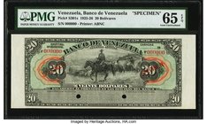 Venezuela Banco de Venezuela 20 Bolivares ND (1925-26) Pick S301s Specimen PMG Gem Uncirculated 65 EPQ. A visually stunning high grade Specimen from t...