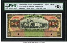 Venezuela Banco de Venezuela 100 Bolívares ND (ca 1926) Pick S303s Specimen PMG Gem Uncirculated 65 EPQ. An attractive Specimen printed by ABNC with c...