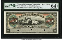 Venezuela Banco de Venezuela 100 Bolivares ND (ca 1926) Pick S303s Specimen PMG Choice Uncirculated 64 EPQ. Bold inks and bright paper are seen on thi...