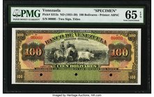 Venezuela Banco de Venezuela 100 Bolivares ND (1931-39) Pick S313s Specimen PMG Gem Uncirculated 65 EPQ. A vibrantly colored Specimen from the 1931 to...