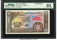 Western Samoa Bank of Western Samoa 5 Pounds ND (1963) Pick 15s Specimen PMG Choice Uncirculated 64. The highest denomination from this series in Spec...