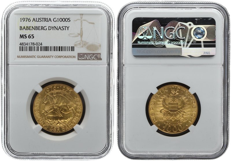 Austria 1000 Shillings 1976. NGC MS 65