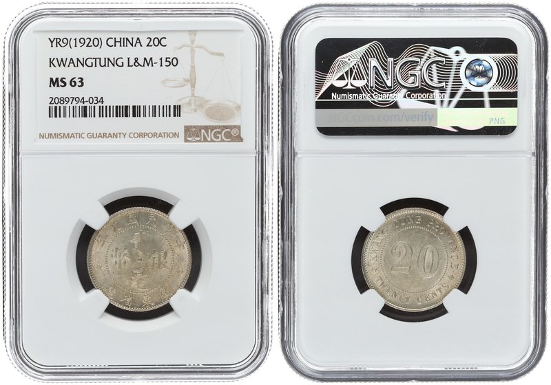 China 20 Cent 1920. (Year 9). NGC MS 63