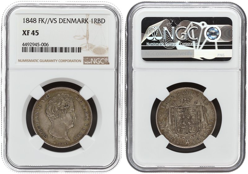 Denmark 1 Rigsbankdaler/ 30 Schilling Courant 1848. NGC XF 45