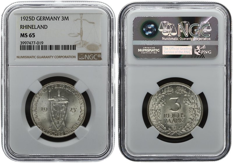 Weimar Republic 3 Reichsmark 1925 D. NGC MS 65