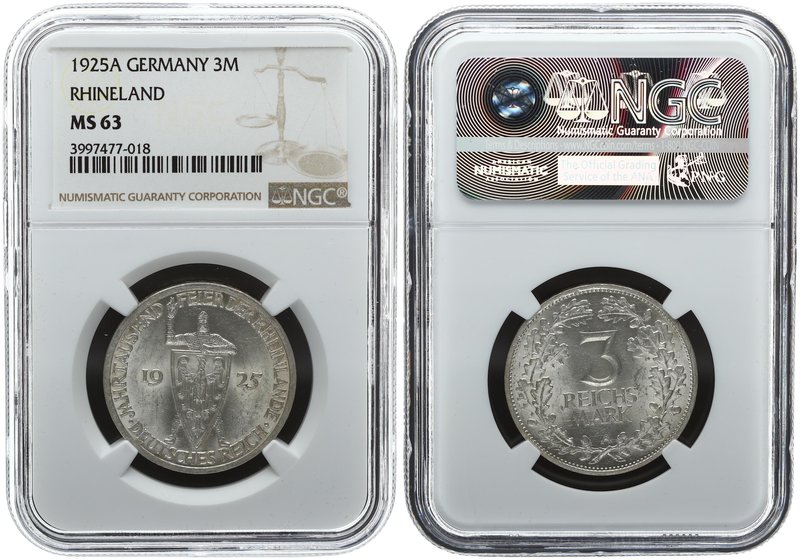 Weimar Republic 3 mark 1925. NGC MS 63