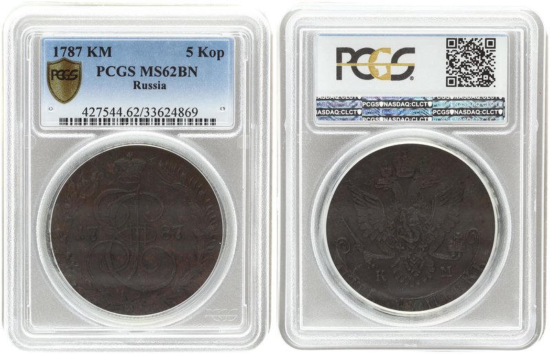 Russia 5 Kopecks 1787. KM. PCGS MS 62 BN