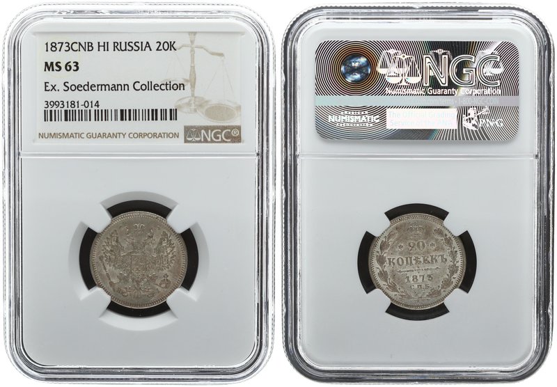 Russia 20 Kopecks 1873. SPB-HI. NGC MS 63