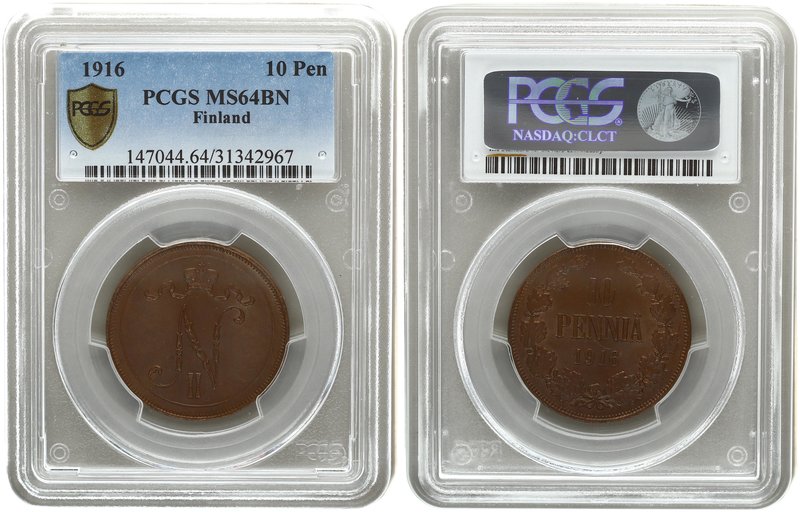 Russia to Finland 10 Pennia 1916. PCGS MS 64 BN