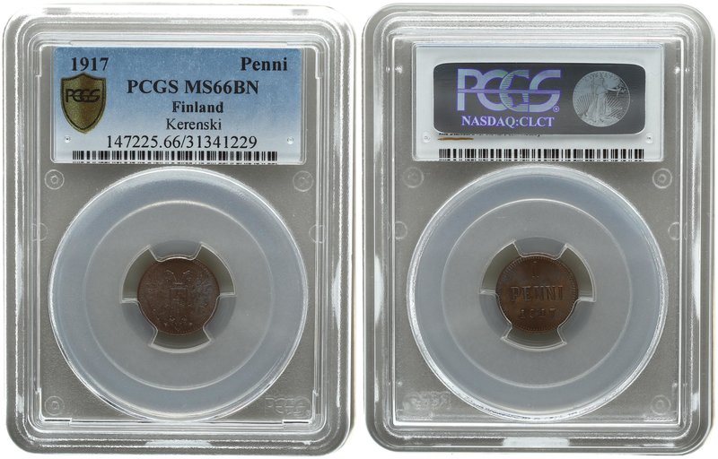 Russia to Finland 1 Penni 1917. PCGS MS 66 BN