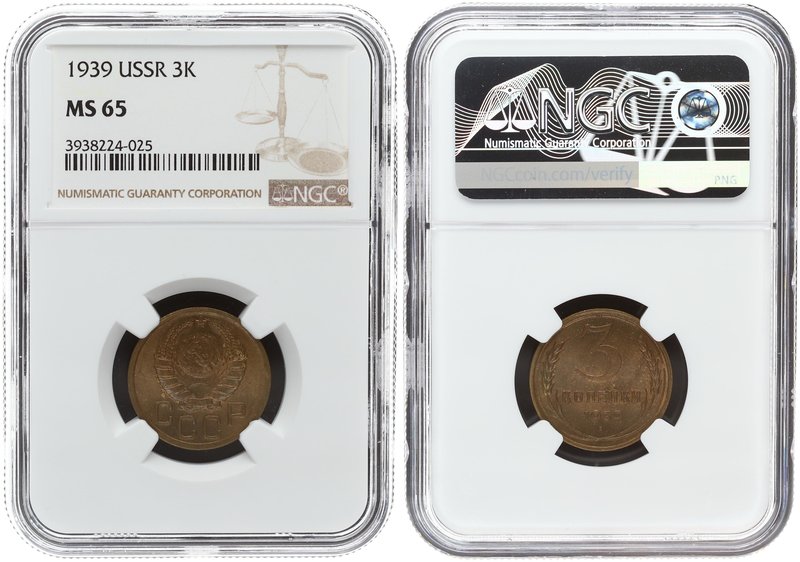 Russia 3 Kopecks 1939. NGC MS 65