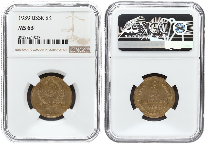 Russia 5 Kopecks 1939. NGC MS 63