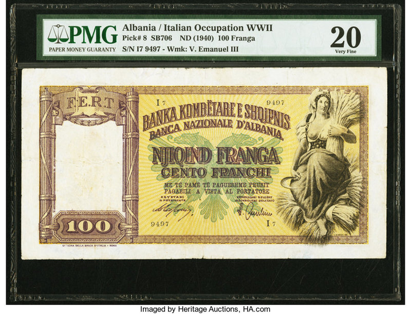 Albania Banca Nazionale, Italian Occupation 100 Franga ND (1940) Pick 8 PMG Very...